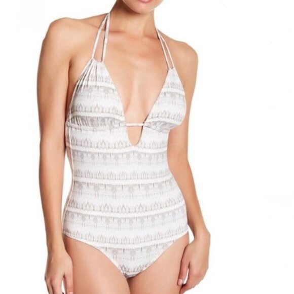 Eberjey One Piece Swimsuit Size S Printed Halter Neck Suki Earth Shadow Sage - Picture 1 of 15